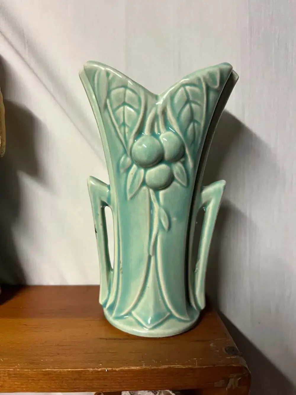 Vintage McCoy Pottery Turquoise Vase with Leaf and Berry Relief